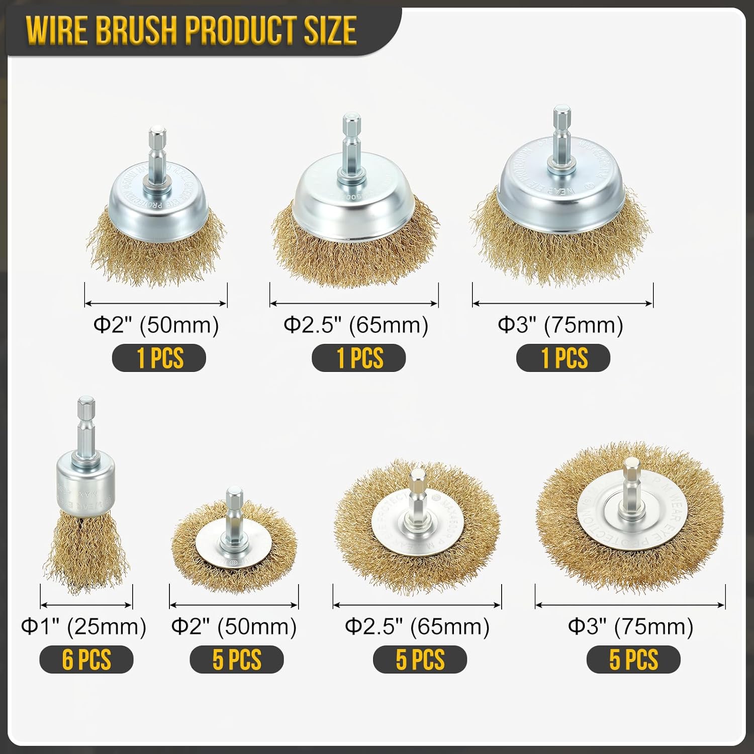 DTGN Wire Pen Cup Brush Set for Drill - 24 Pcs - Coarse Carbon Steel/Brass Crimping Drill Wire Brush(0.012" Wire Size) - 1/4 Inch Hex Shank - Good for Cleaning Rust Paint Abrasive