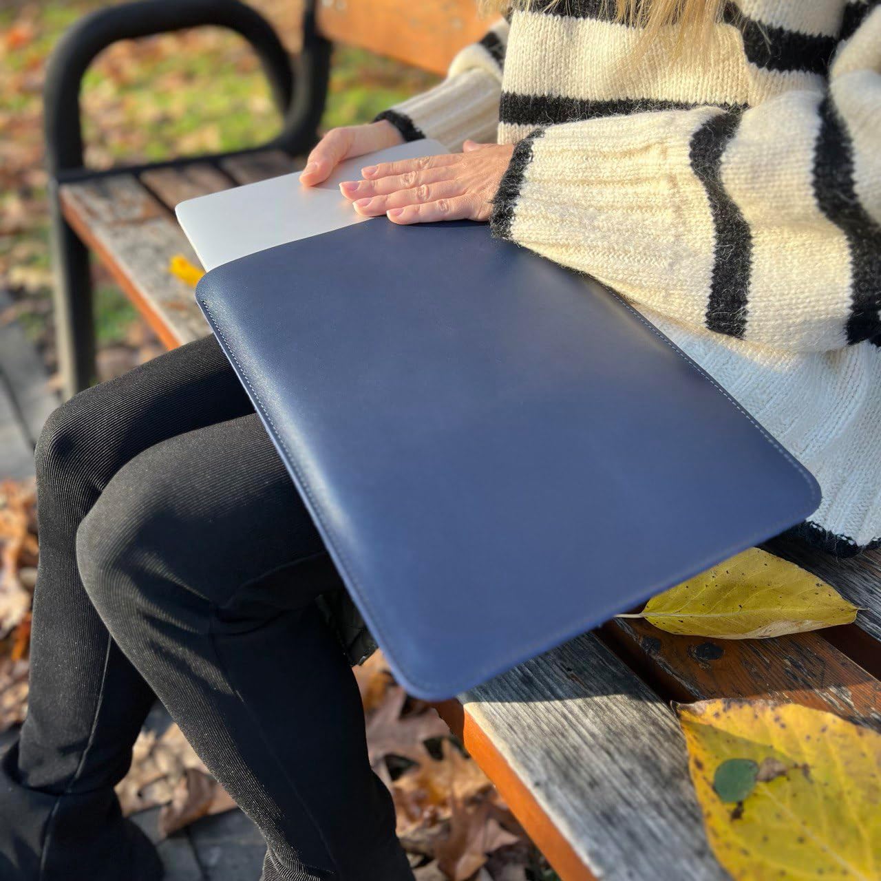 Leather Case for MacBook Air 2018-2024 M1 M2 M3 Chip Sleeve Soft Bag Handmade for 13-inch MacBook Air, MacBook Pro, Blue Vertical