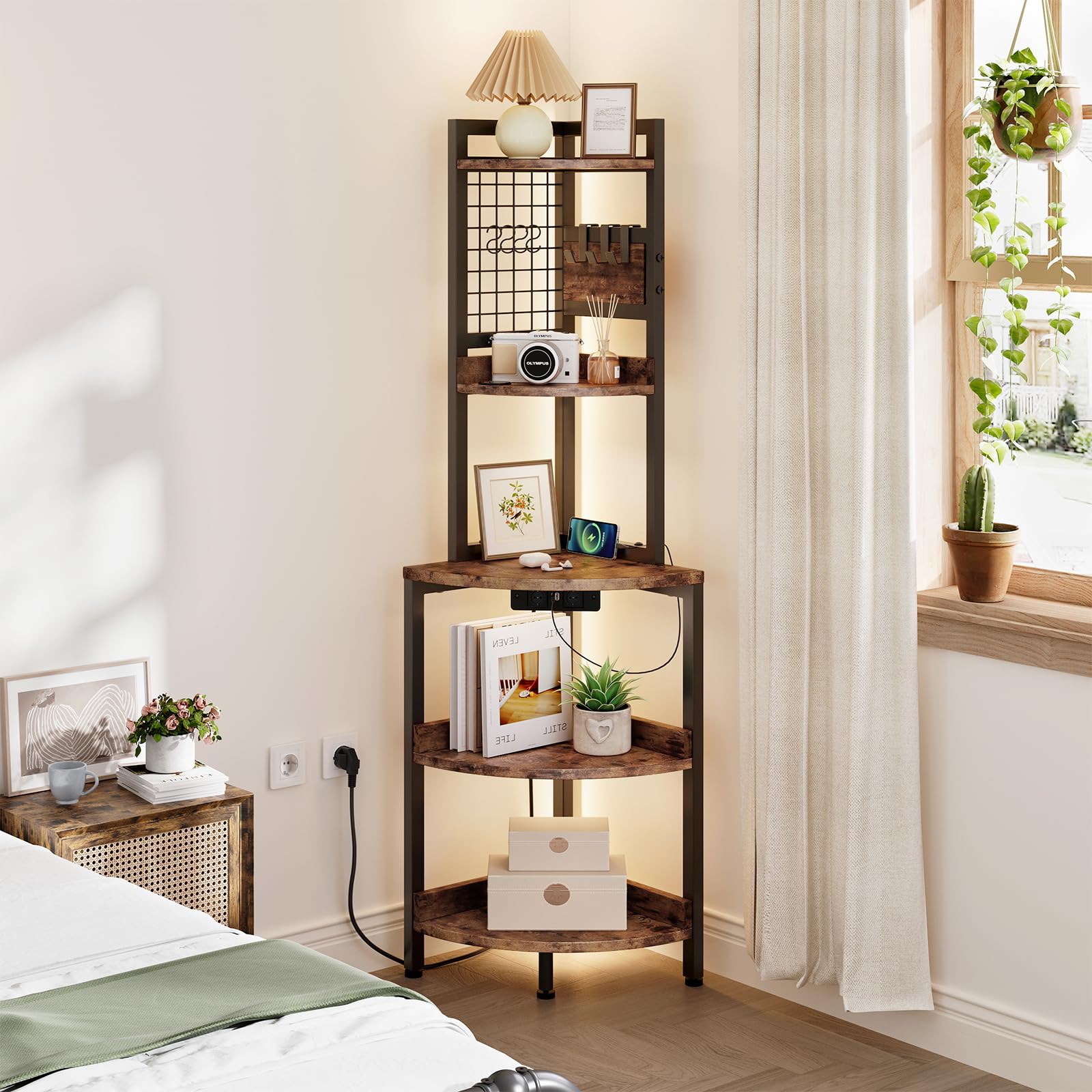 Dripex Eckregal 5 Ebenen mit Steckdosen, Bücherregal, Standregal mit LED Beleuchtung, Pflanzenregal, Aufbewahrungsregal für Wohnzimmer, Küche, Vintagebraun+schwarz, 40x40x152cm