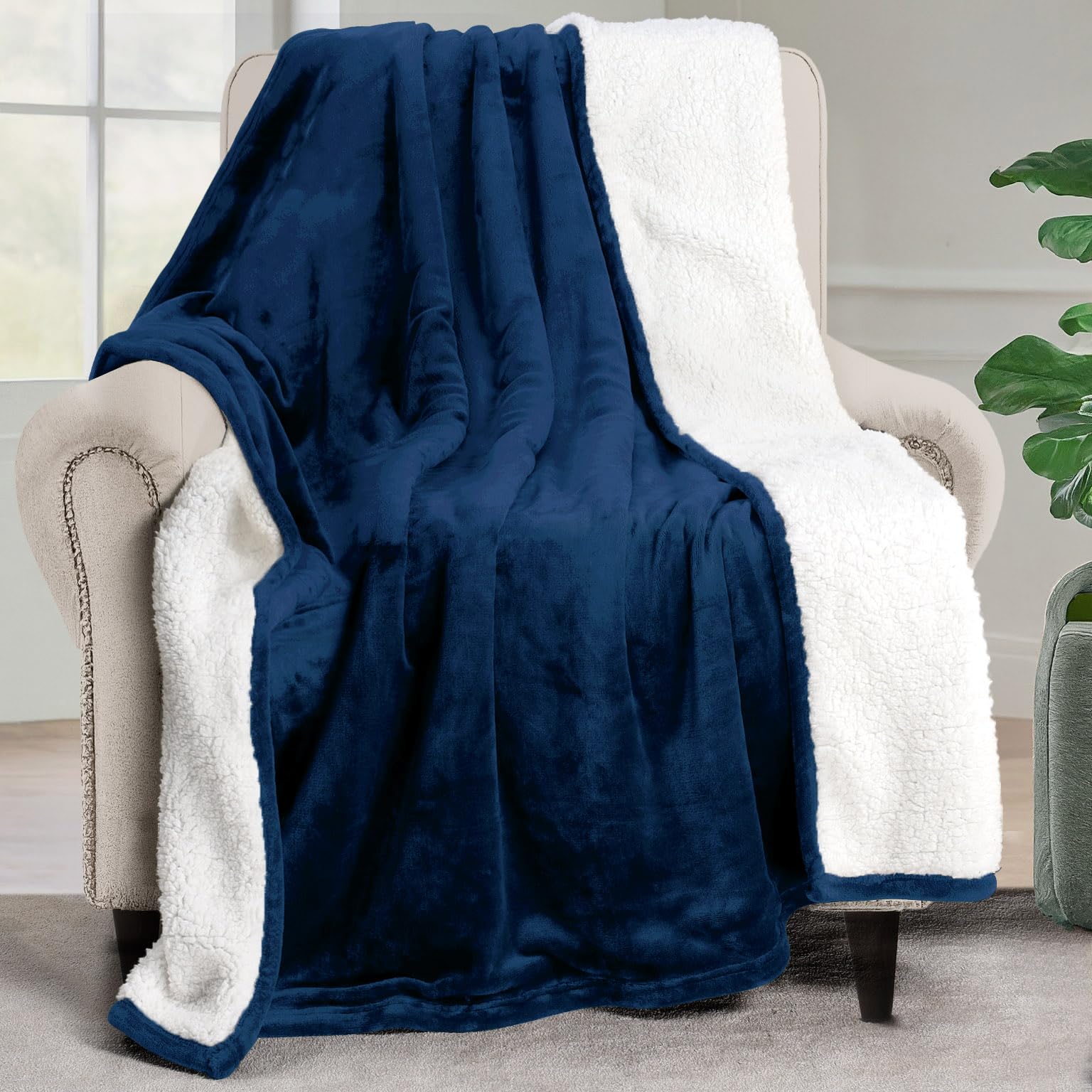 Utopia Bedding Sherpa Blanket Throw Size [Navy, 50x60 Inches] - 480GSM Thick Warm Plush Fleece Reversible Blanket for Bed, Sofa, Couch, Camping and Travel