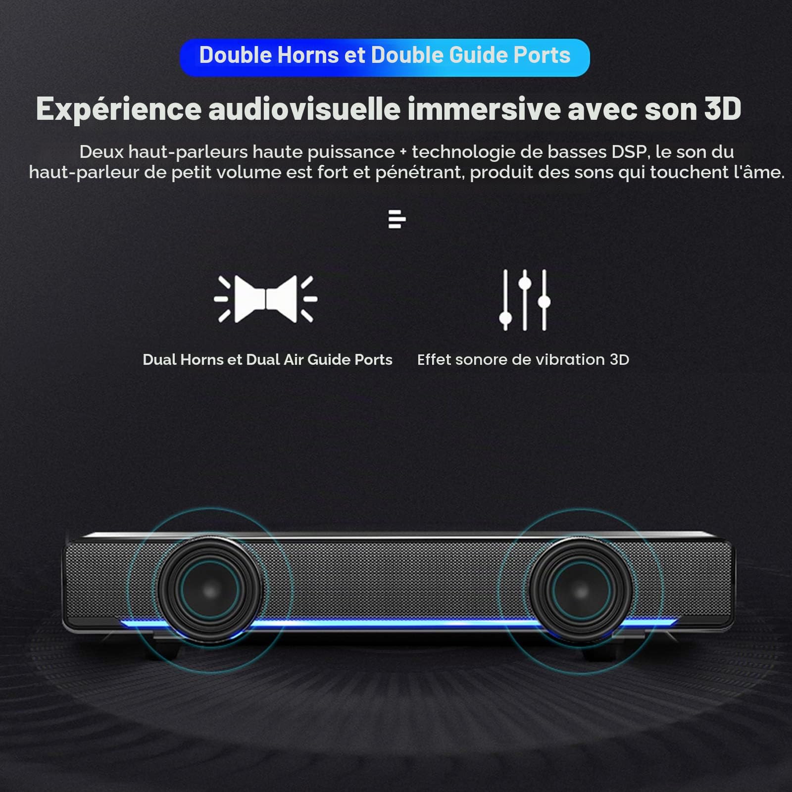 Barre de Son avec Subwoofer, Haut-Parleur Stéréo Filaire, Entrée USB/3.5mm pour PC Smartphone