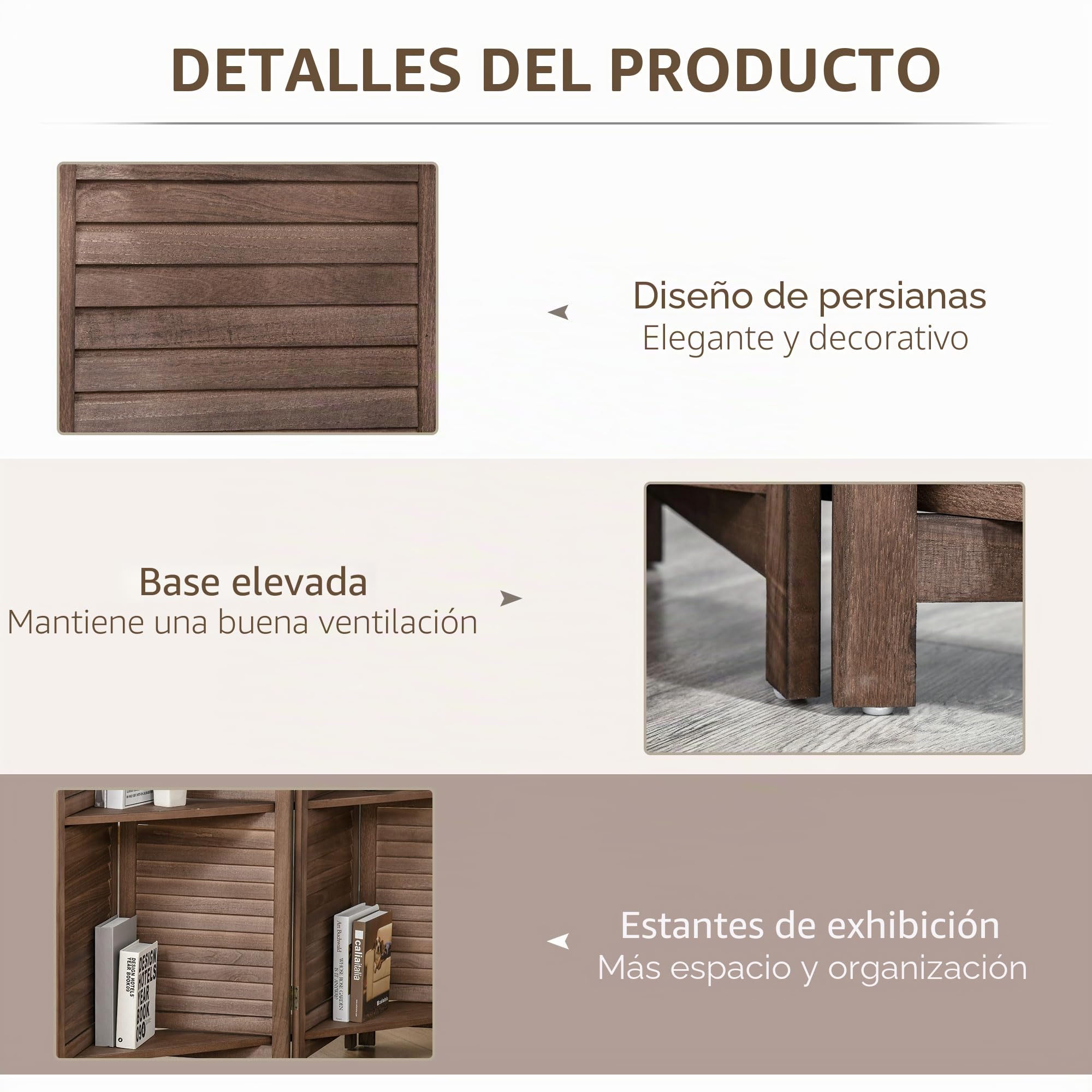 HOMCOM Biombo Plegable de 4 Paneles con 3 Estantes 162x170 cm Nogal