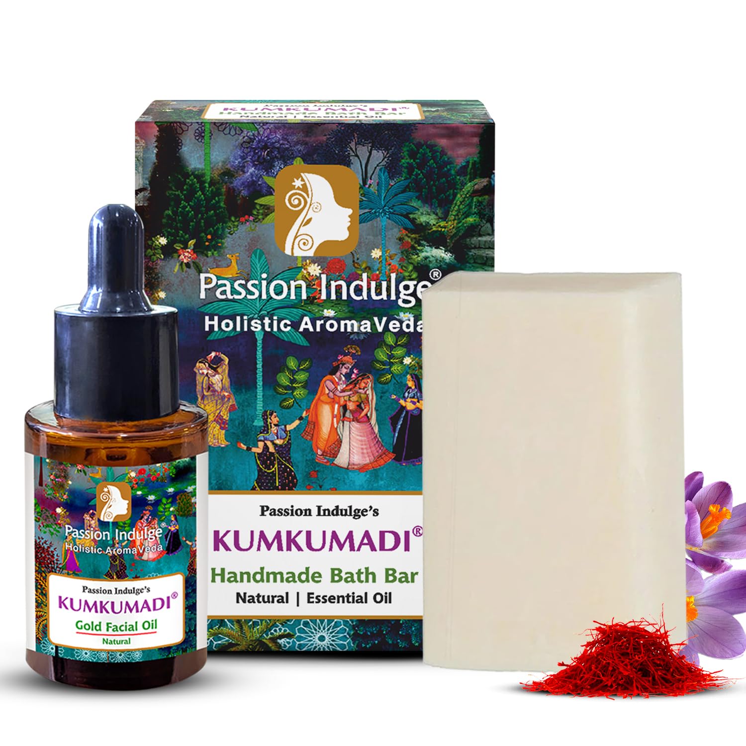 Passion Indulge Kumkumadi Gold Facial Oil 30ml + Natural Handmade Bath Bar 150g | For Radiant Skin, & Shine | With Saffron, Vetiver Oil & 16 Ayurvedic Herbs | Pack of 2