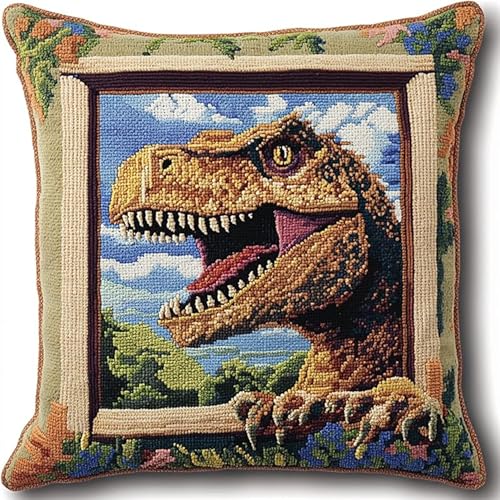 XDEGHUANGSS Latch Hook Kits for Adults Cushion Dinosaur,Latch hookkits for Adults Cushion Cover with Printed Canvas Handmade Cushion Crochet Yarn Pillowcas 43x43cm