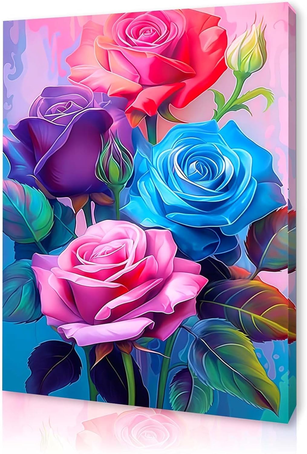 Qiukoo Framed Canvas Wall Art – Colourful Rose Artwork, Waterproof Modern Print with Hook, Wall Decoration for Living Room or Bedroom, Floral Pictures for Bedroom Walls – 16 x 20 inch