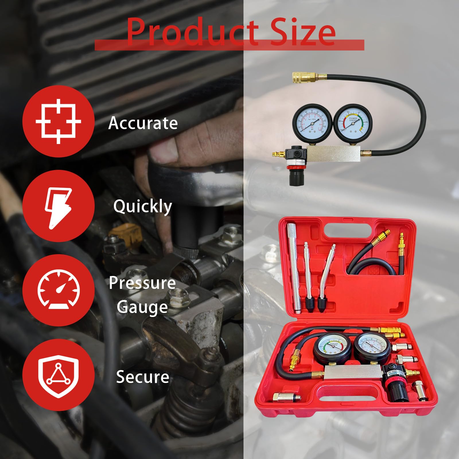 Tester Per Guarnizioni Testate, Tester Per Perdite Cilindri Auto con Doppio Manometro 0-100 PSI e 0-7 Bar e 4 Adattatori Strumenti Diagnostici di Pressione Per Un'ampia Gamma di Tipi di Veicoli