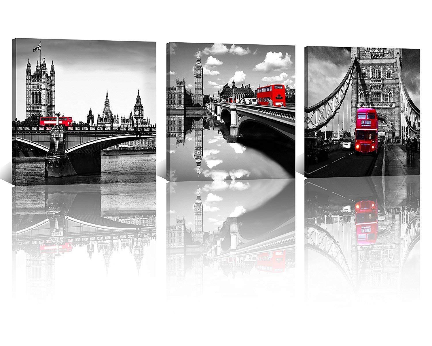 NAN Wind 3 Pcs Modern Giclee Canvas Prints London Black and White with Red Bus Wall Art London Bridge Poster Cityscape Paintings on Canvas Stretched and Framed Ready to Hang for Home Decor