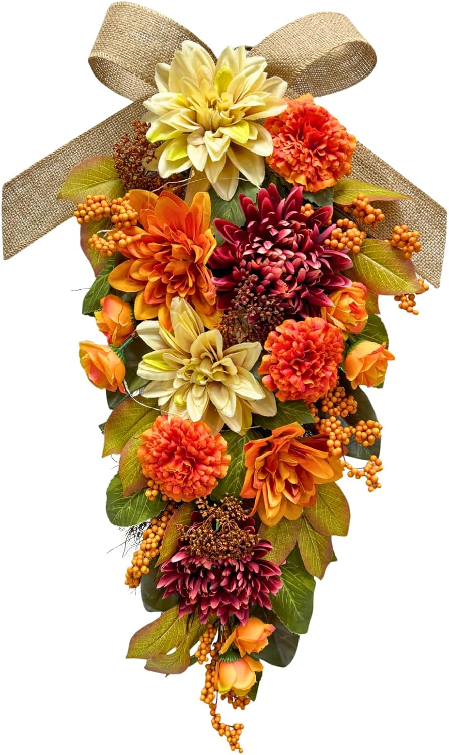 25 Inch Lighted Fall Teardrop Swag with Timer for Front Door Decor | 20 Warm White LEDs with Burlap Bow, Cream Dahlias and Burgundy Mums for Fall, Thanksgiving and Harvest Decor