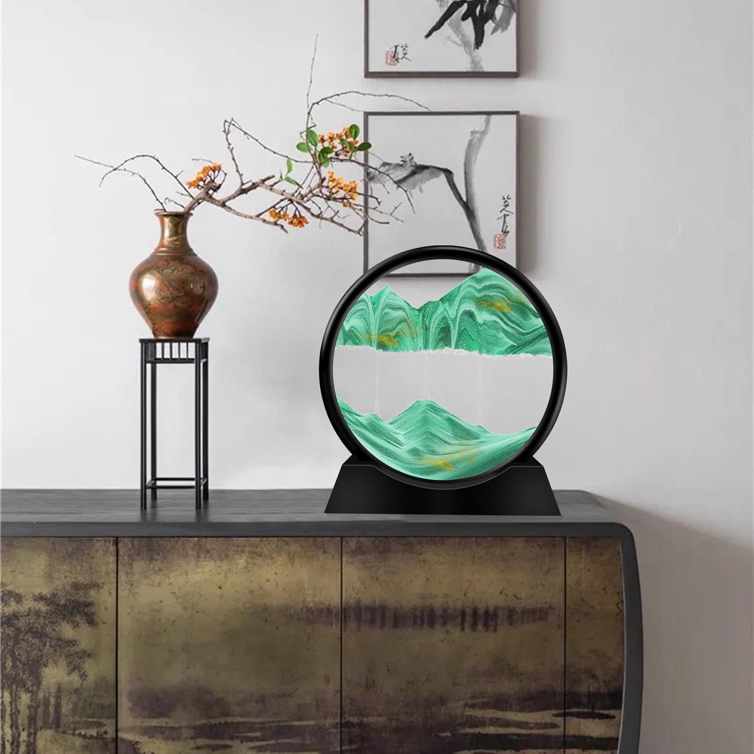 DRIWDOCTER Moving Sand Art Picture Round Glass 3D Deep Sea Sandscape in Motion Display Flowing Sand Frame Relaxing Desktop Home Office Work Decor (12", Green)