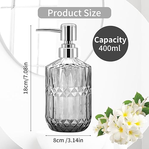 Miniatura 2 de Dispensador de jabón de vidrio de 14 onzas, dispensador de jabón de manos recargable con bomba de acero inoxidable, diseño de diamante vintage para