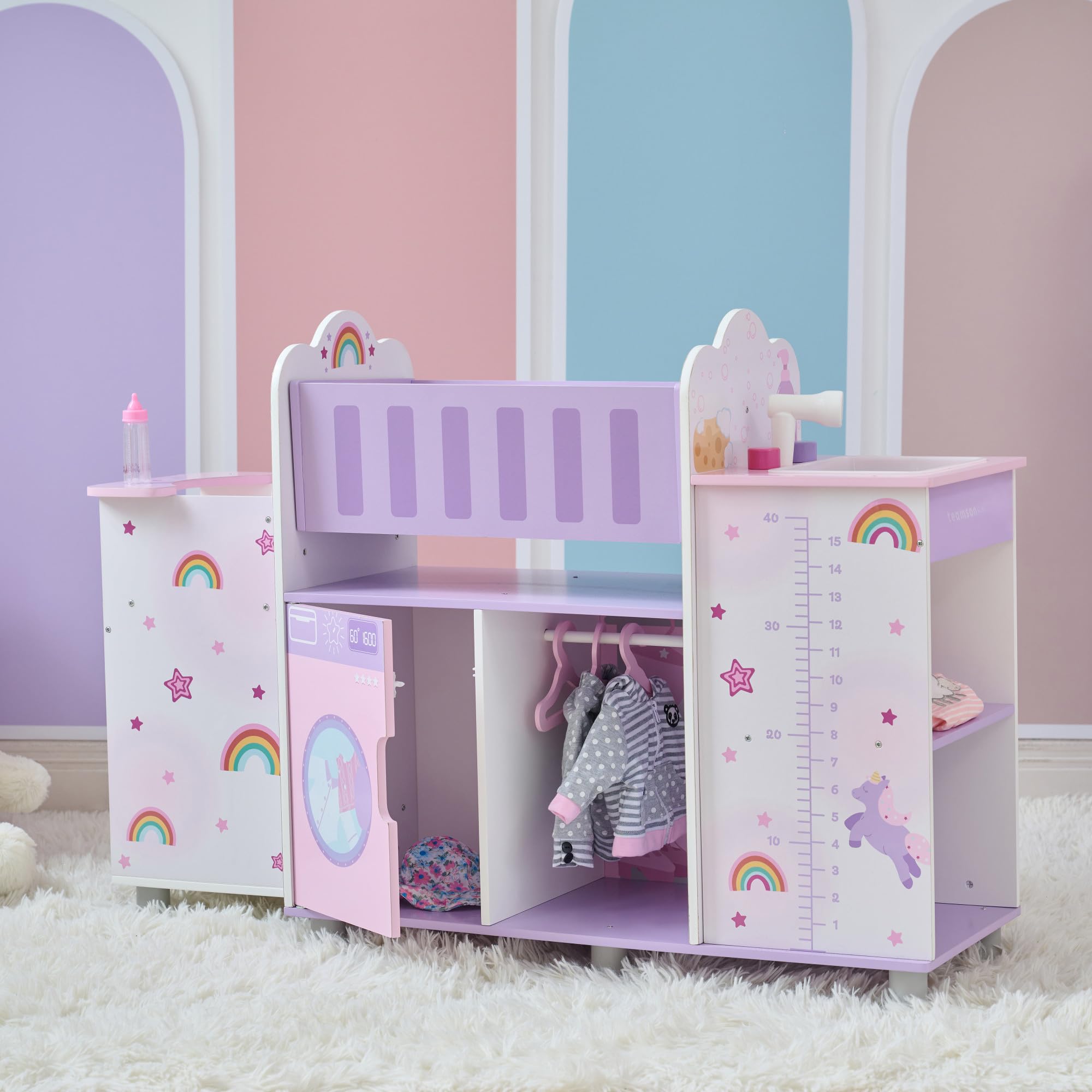 Olivia's Little World Nursery 6 w 1 drewniana lalka z łóżeczkiem, zlewem, wysokim krzesłem, szafką, pralką i wbudowanym przechowywaniem
