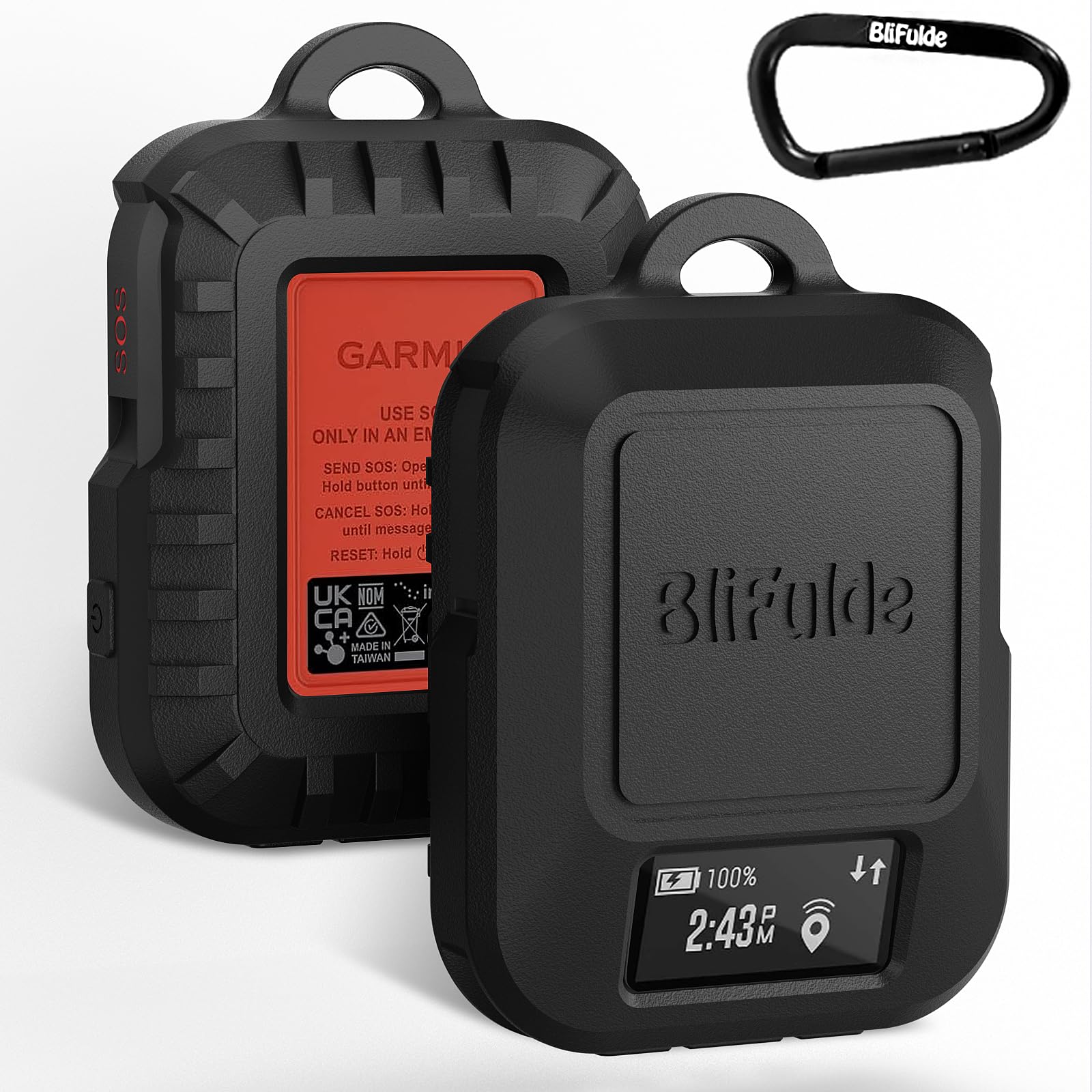 Coque de protection en silicone pour Garmin inReach Messenger Plus - Coque antichoc en silicone avec mousqueton - Design durable - Noir (coque uniquement)