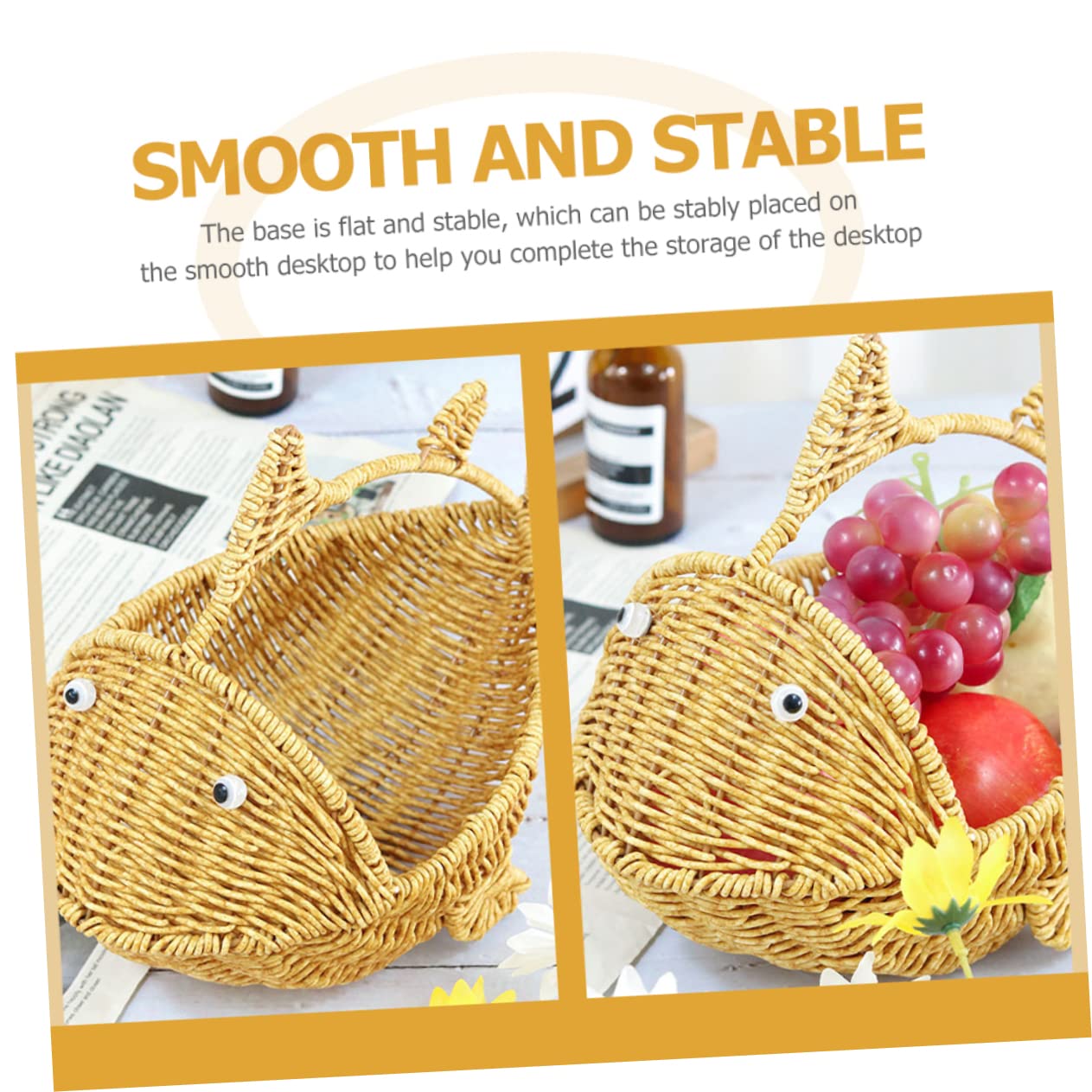 VICASKY Cesto Intrecciato in Plastica Porta Frutta Motivo a Pesce, Base Piatta e Stabile, Contenitore Decorativo per Snack e Verdura, Adatto per Cucina e Sala da Pranzo
