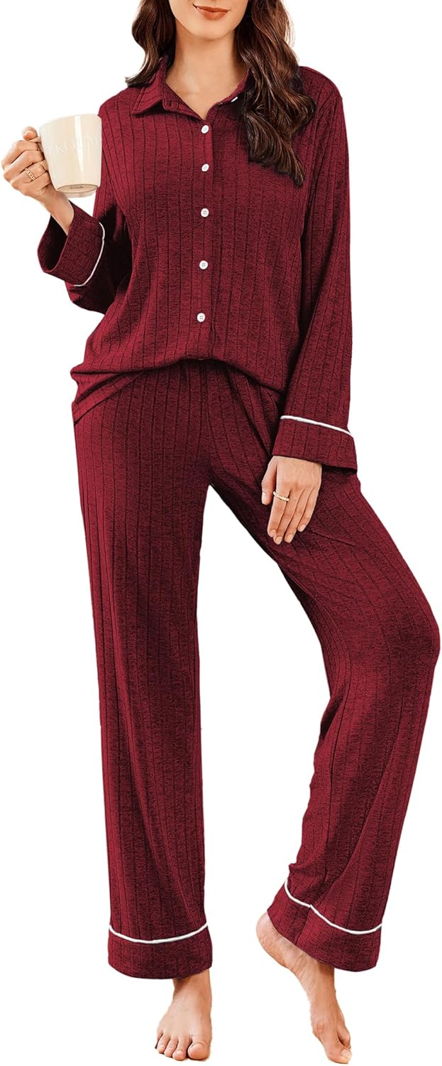 Ekouaer Womens Pajama Sets Long Sleeve Ribbed Knit Lounge Set Button Down Soft 2 Piece Pjs With Pockets
