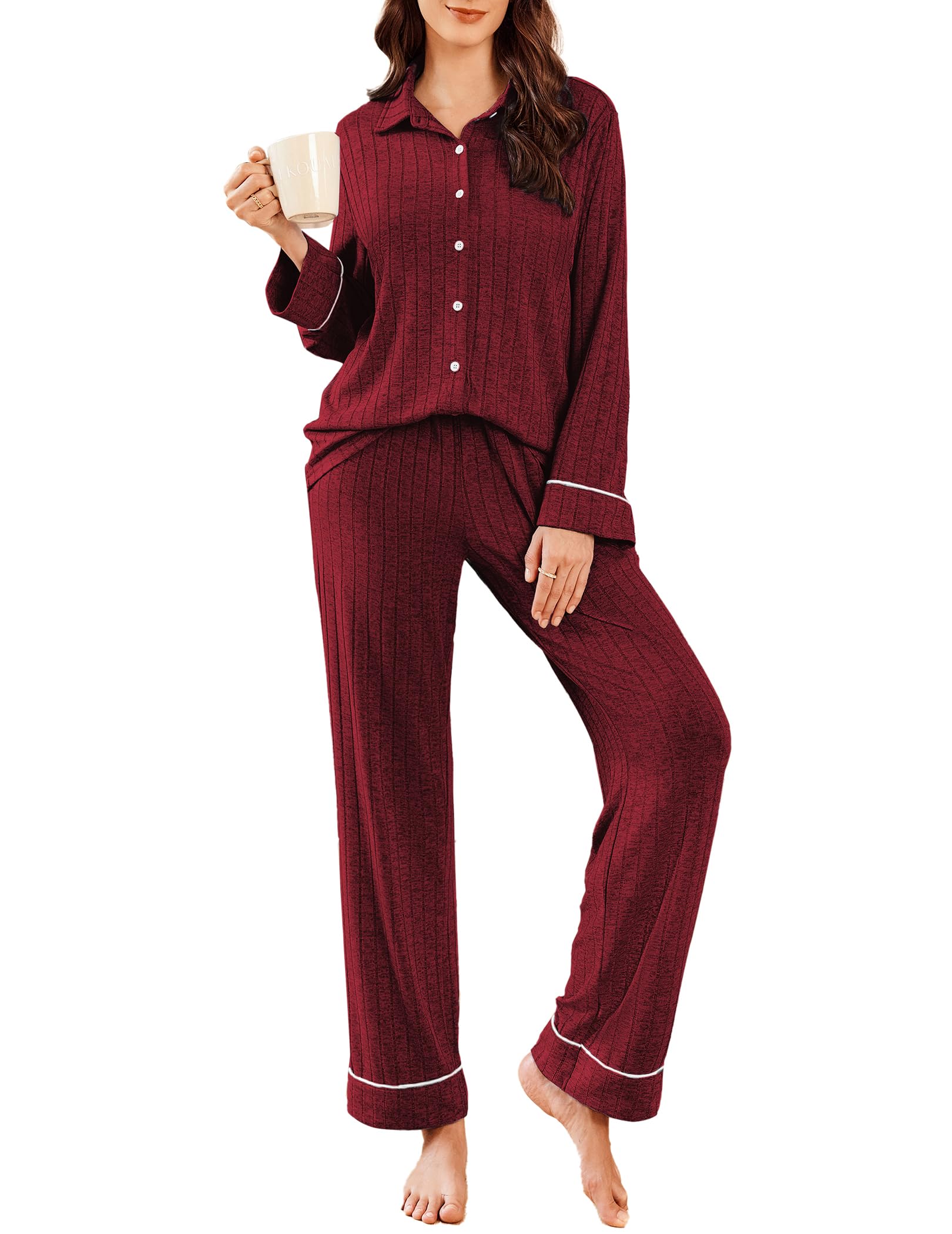 Ekouaer Womens Pajama Sets Long Sleeve Sleepwear Button Down Loungewear Soft 2 Piece Pj Set with Pockets