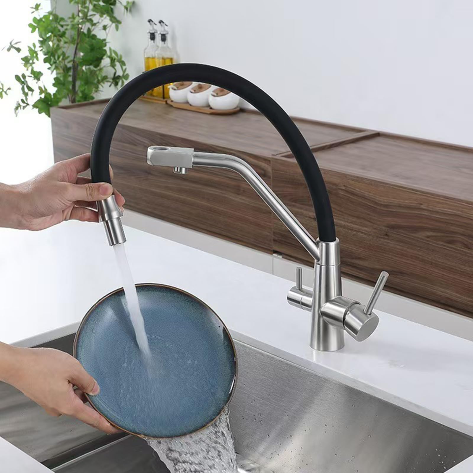 Grifo de cocina de 3 vías para sistema de ósmosis inversa, flexible, 2 modos, de acero inoxidable, diseño extraíble, fácil instalación y elegante para uso doméstico