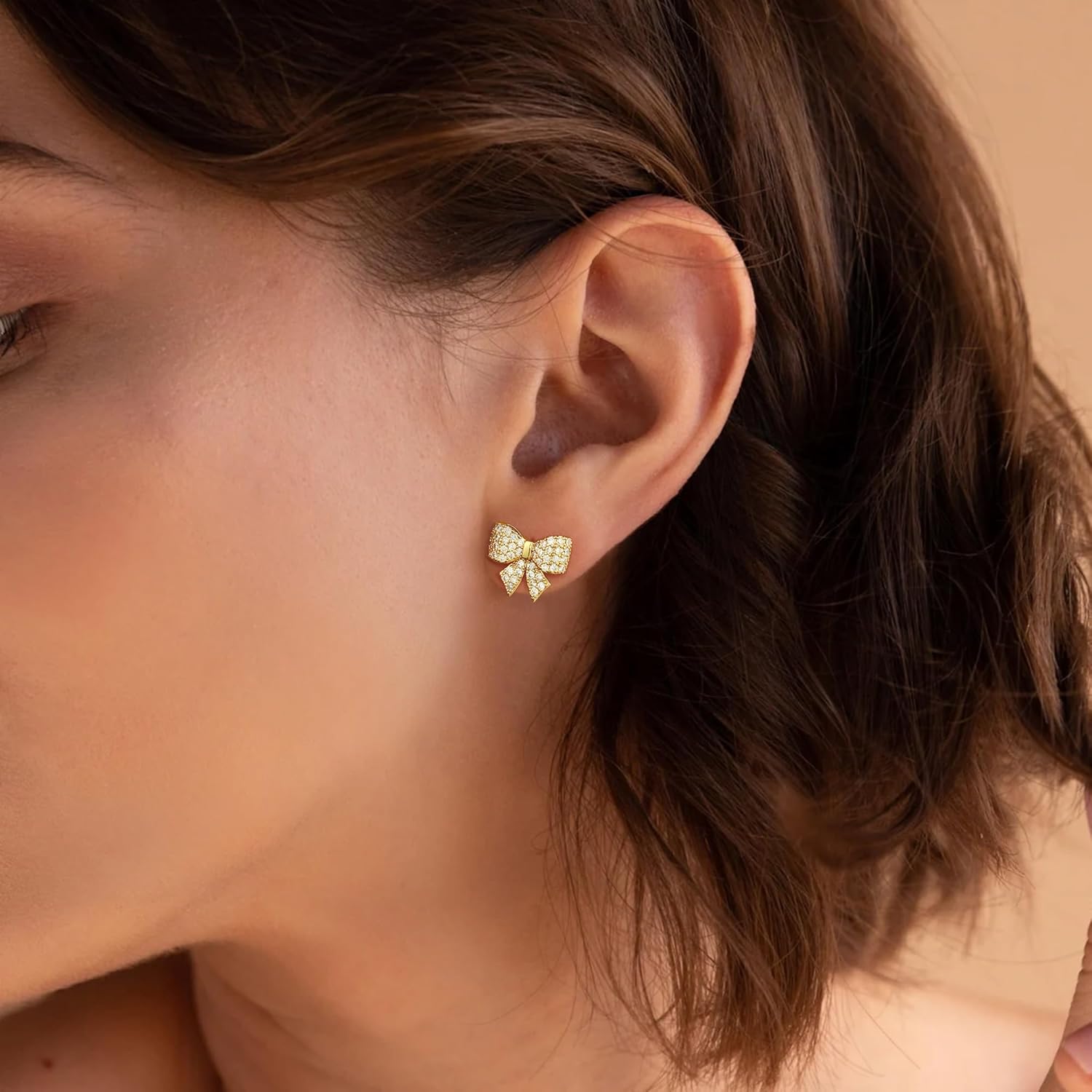 Gold Stud Earrings For Women,14K Gold Plated Hypoallergenic Diamond Bow Stud Earrings For Women Trendy,Bow Pearl Drop Dangle Earrings Dainty Cute Christmas Jewelry Gifts - Image 2