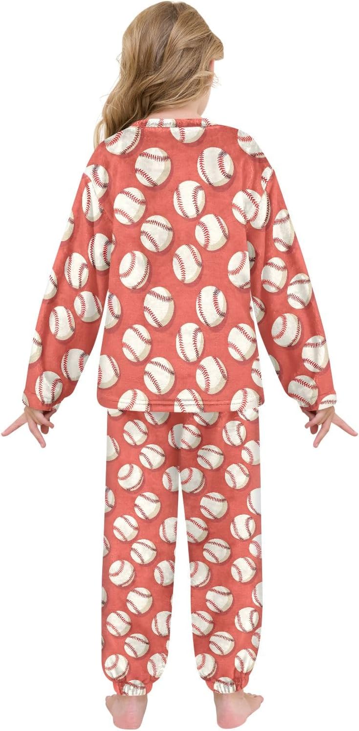 Kids Flannel Sets Baseball on Pink Warm Plush Relaxed Clothing for Boys and Girls