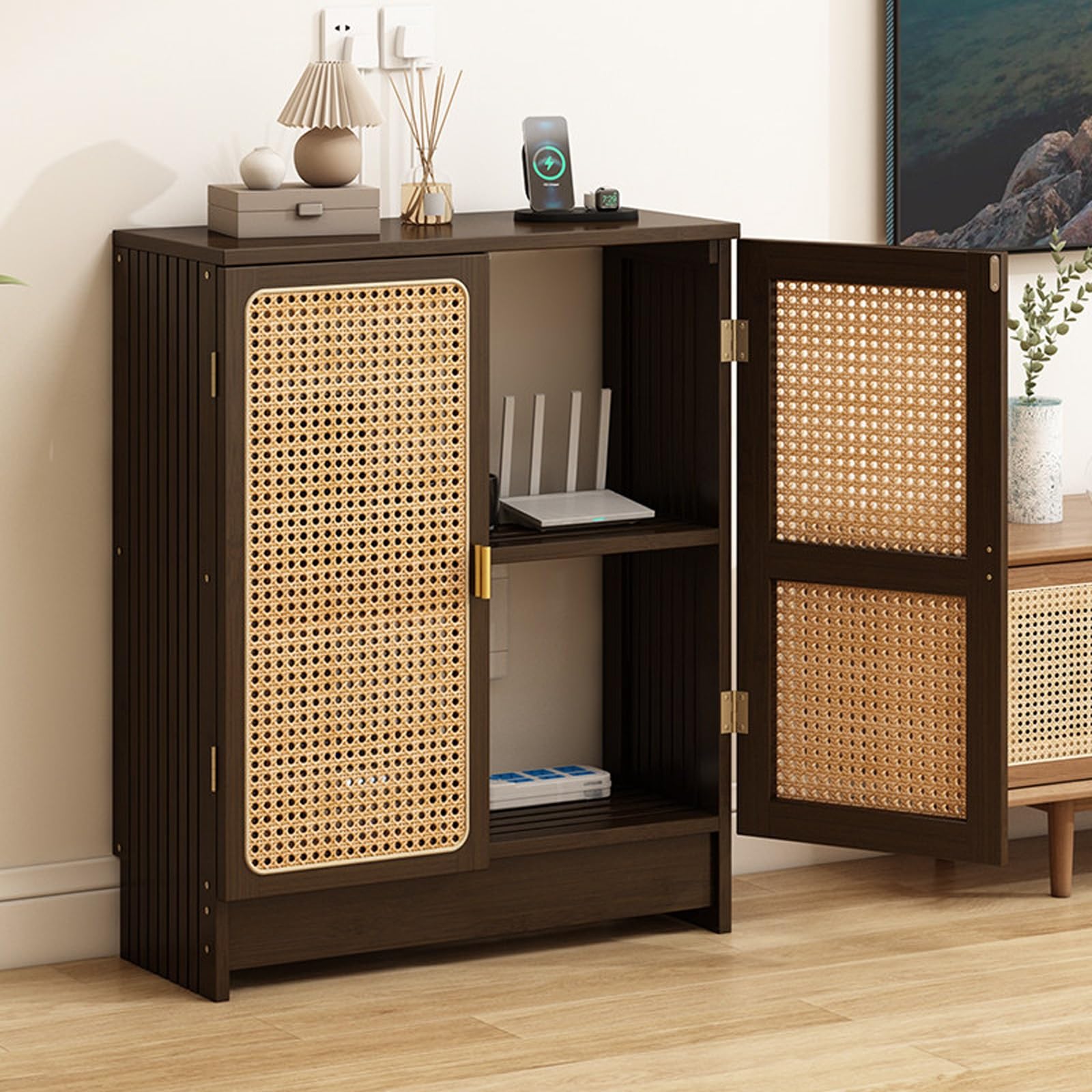 Rangement routeur wifi meuble cache câble box internet osier