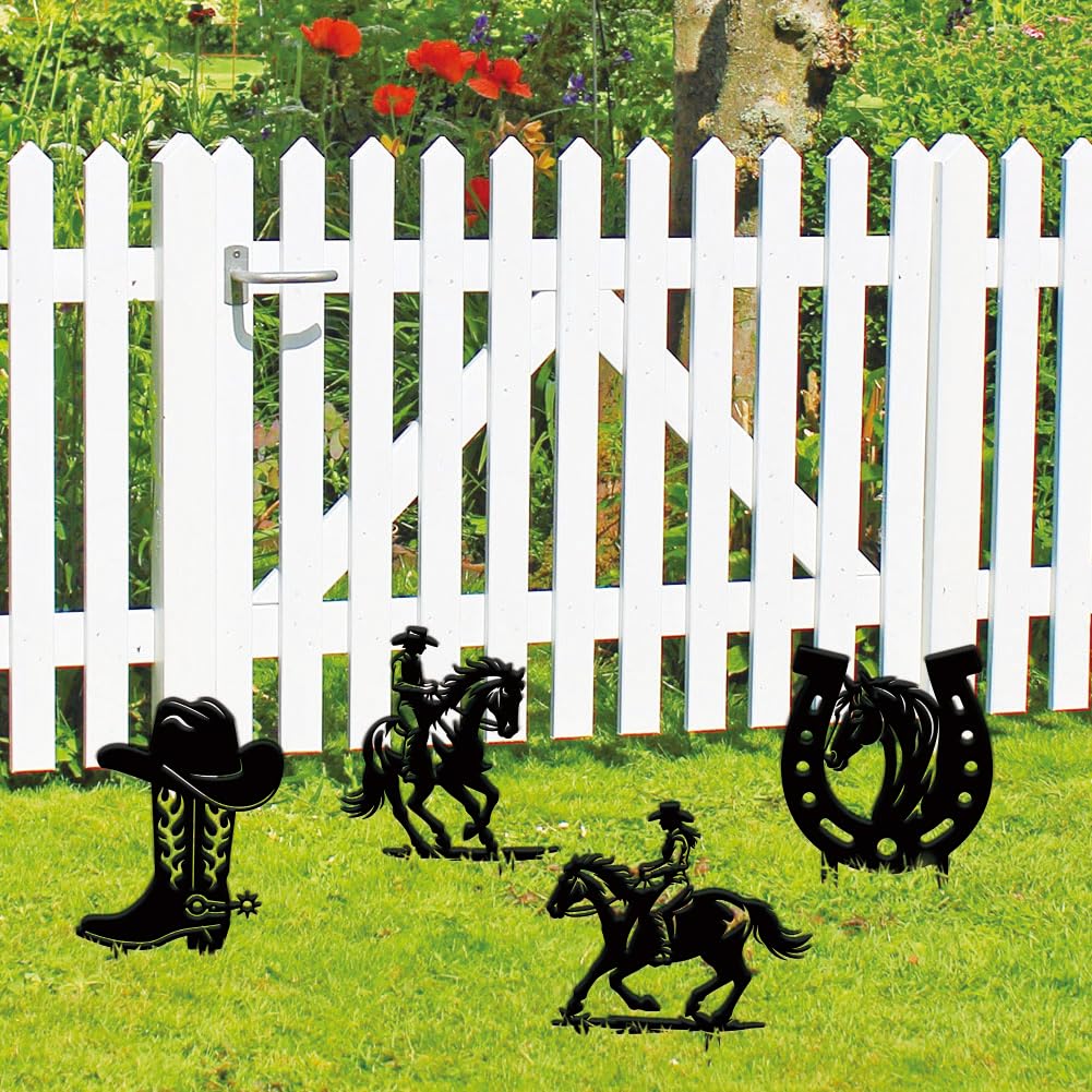 SUPERDANT 4PCS Decorative Garden Stakes Metal Western Elements Statue Cowboy Silhouette Lawn Ornaments Black Yard Art for Outdoor Garden Courtyard Patio Grassland Housewarming Gifts