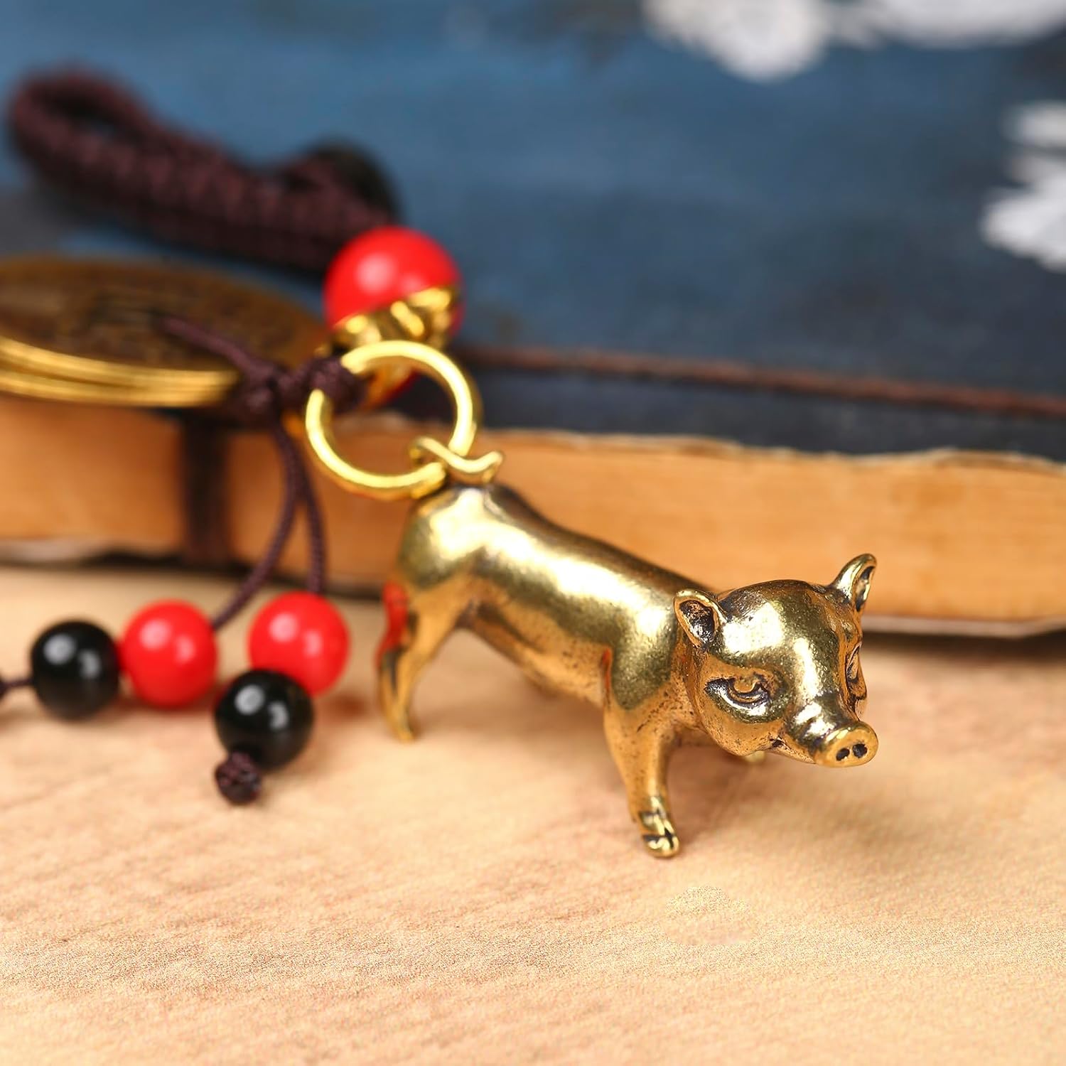 Brass Chinese Zodiac Pig Statue Keychain with 5 Feng Shui Coins, Animal Piggy Bag Charm Lucky Key Ring image 3
