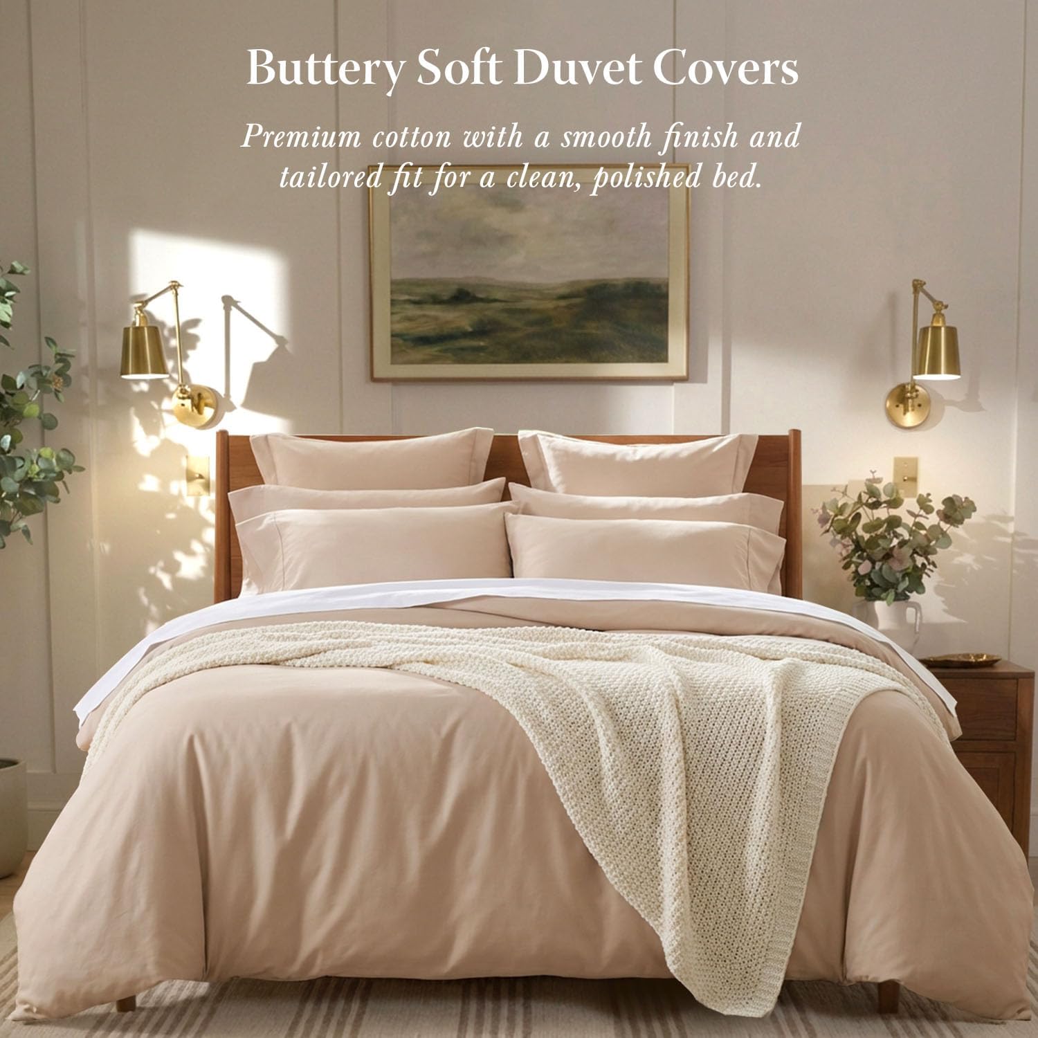 Threadmill Beige Duvet Cover Queen Size Bedding Set, Breathable Comforter Cover, Soft 3-Pc Cotton Queen Duvet Cover Set with 2 Pillow Shams, Strong Button Closure & Corner Ties, Fits Full Duvet