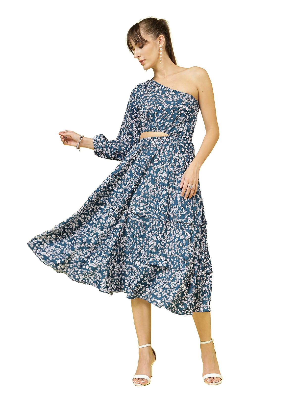 Oomph! Women's Western & Fusion Wear Printed Crepe Dress For Women, One Shoulder, Blue - Md1066