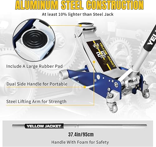 Miniatura 2 de YELLOW JACKET Gato hidráulico de piso de 2.5 toneladas de aluminio y acero de perfil bajo con bomba doble de elevación rápida, capacidad de 5500