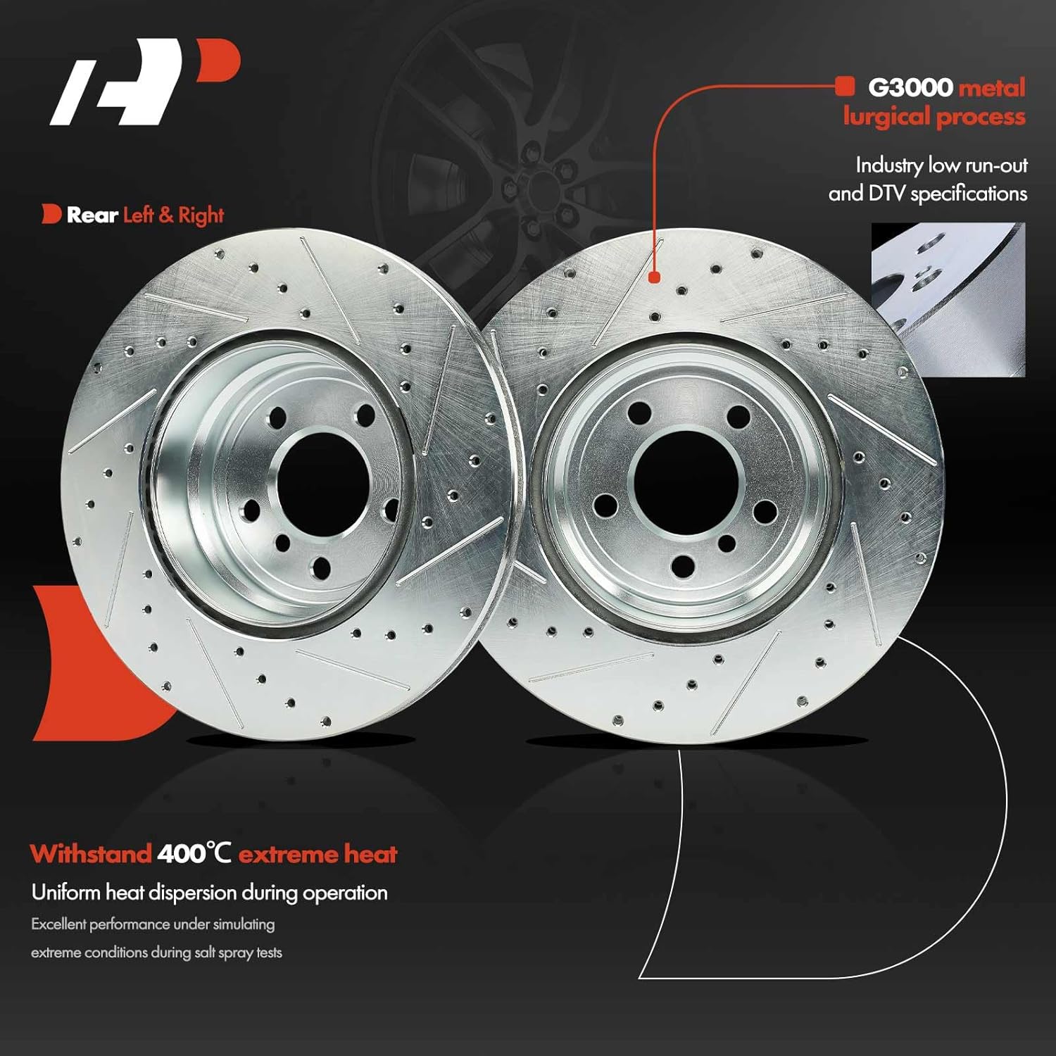 A-Premium 6-PC Set 13.57 in (344.8 mm) Rear Drilled and Slotted Disc Brake Rotors + Ceramic Pads Kit Compatible with Select BMW Models - X5 2007-2018, X6 2008-2019