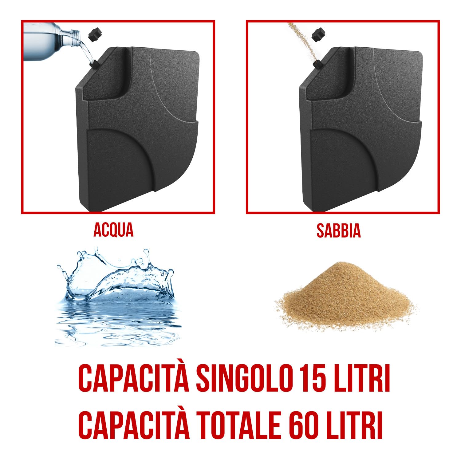 Set 4 Supporto Pesi Base Ombrellone Parasole Da Giardino In Plastica HDPE Riempibili Con Acqua E Sabbia 60 Litri / 100 Kg Adatti Per Ombrelloni Base A Croce 50 x 50 x 7.5 cm Nero