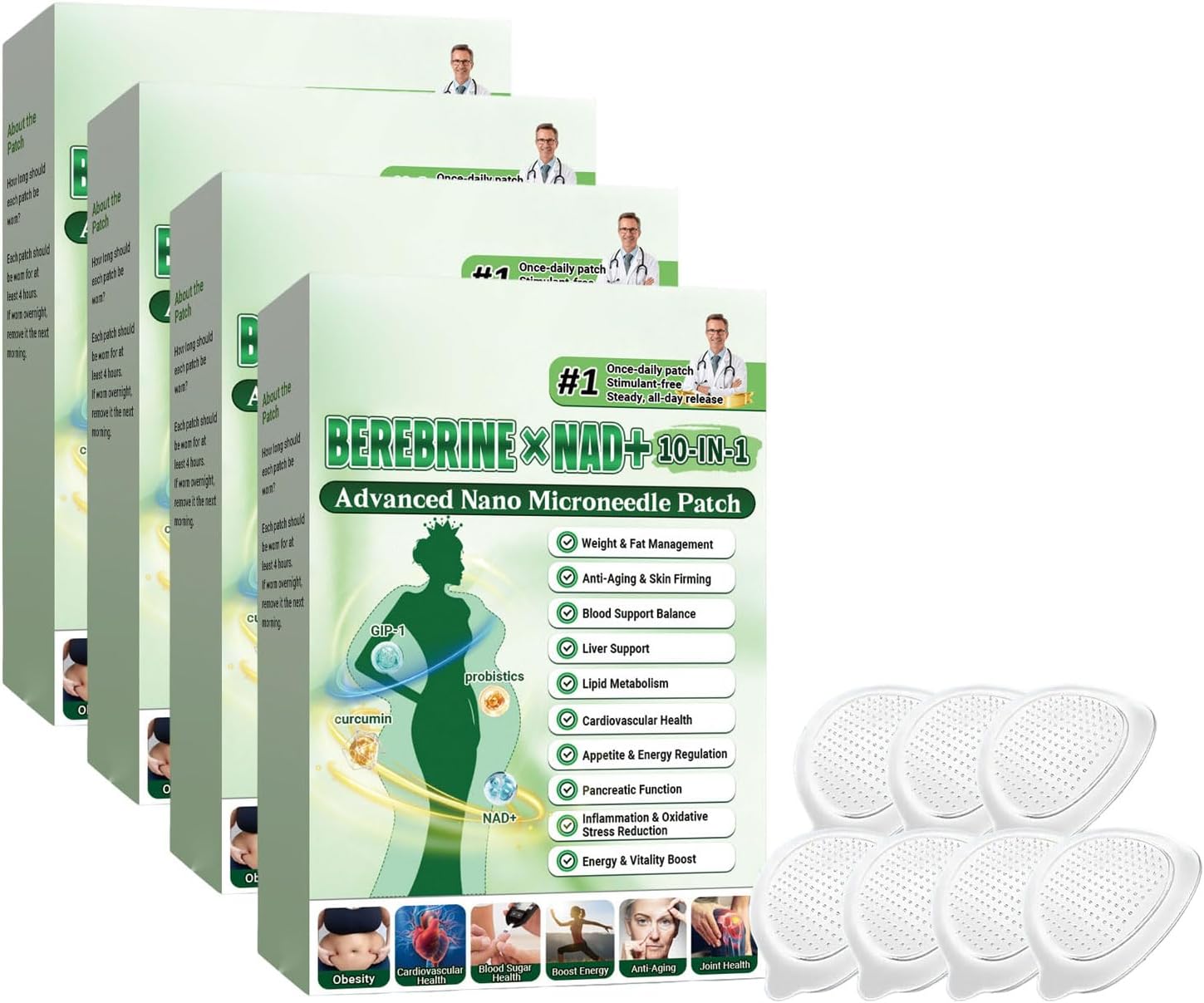 Moringa Berberine Patches 2026 New 10-𝙞𝙣-1 Nano Moringa Patch, Nano Microneedle Patch for Men and Women, Suitable for All Skin Types (4 boxes A set)