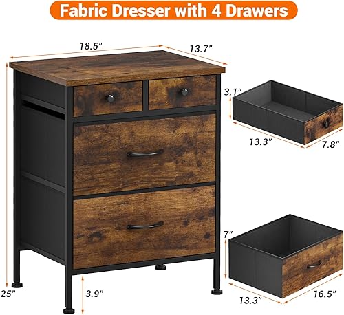 Miniatura 3 de Mesita de noche, cómoda pequeña, muebles de noche, mesa auxiliar blanca con 4 cajones de tela para dormitorio, acabado de cuero y parte superior de