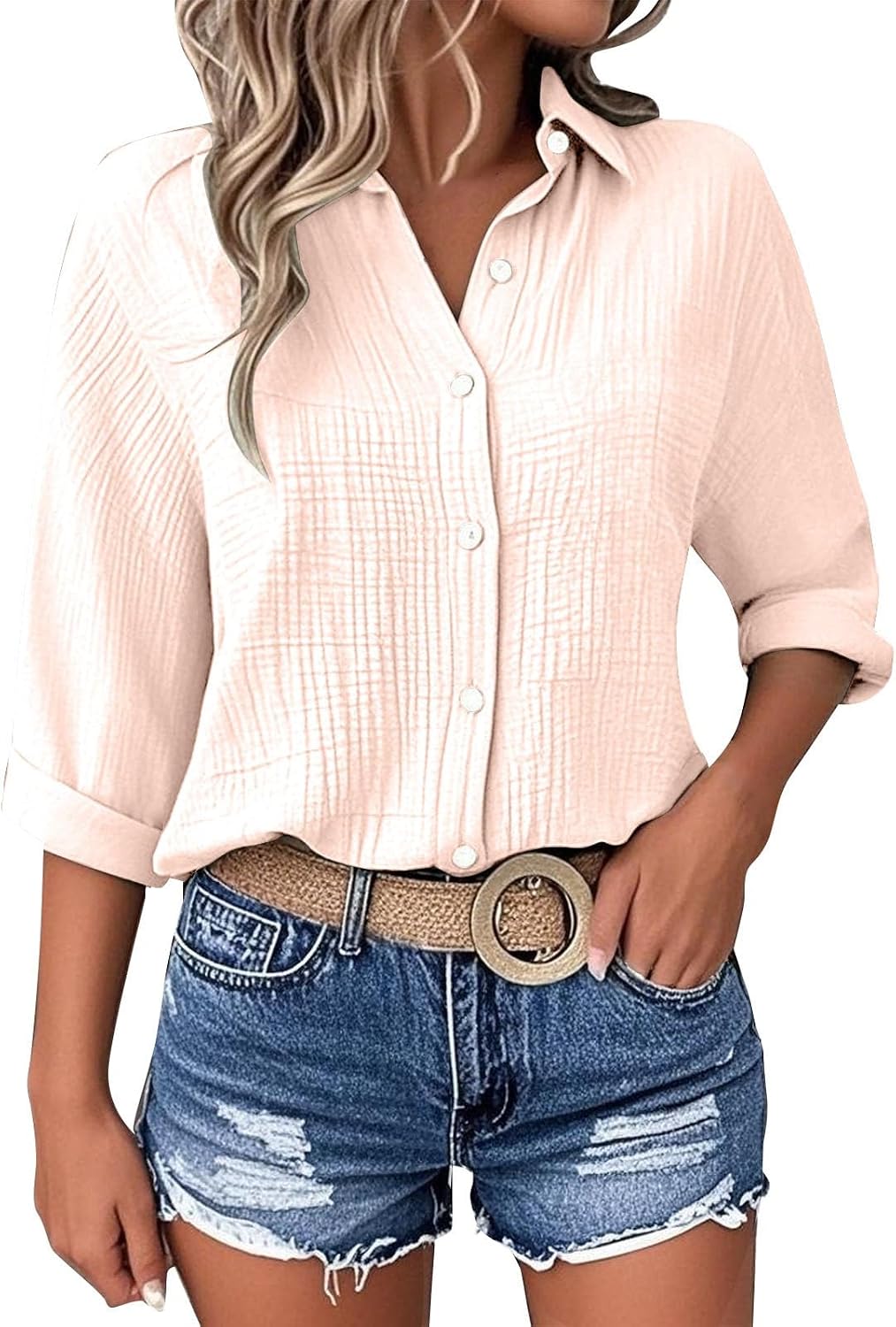 Women's Button Down Shirts 3/4 Sleeve Collar Lightweight Solid Color T Shirt Dressy Work Business Blouse Tops