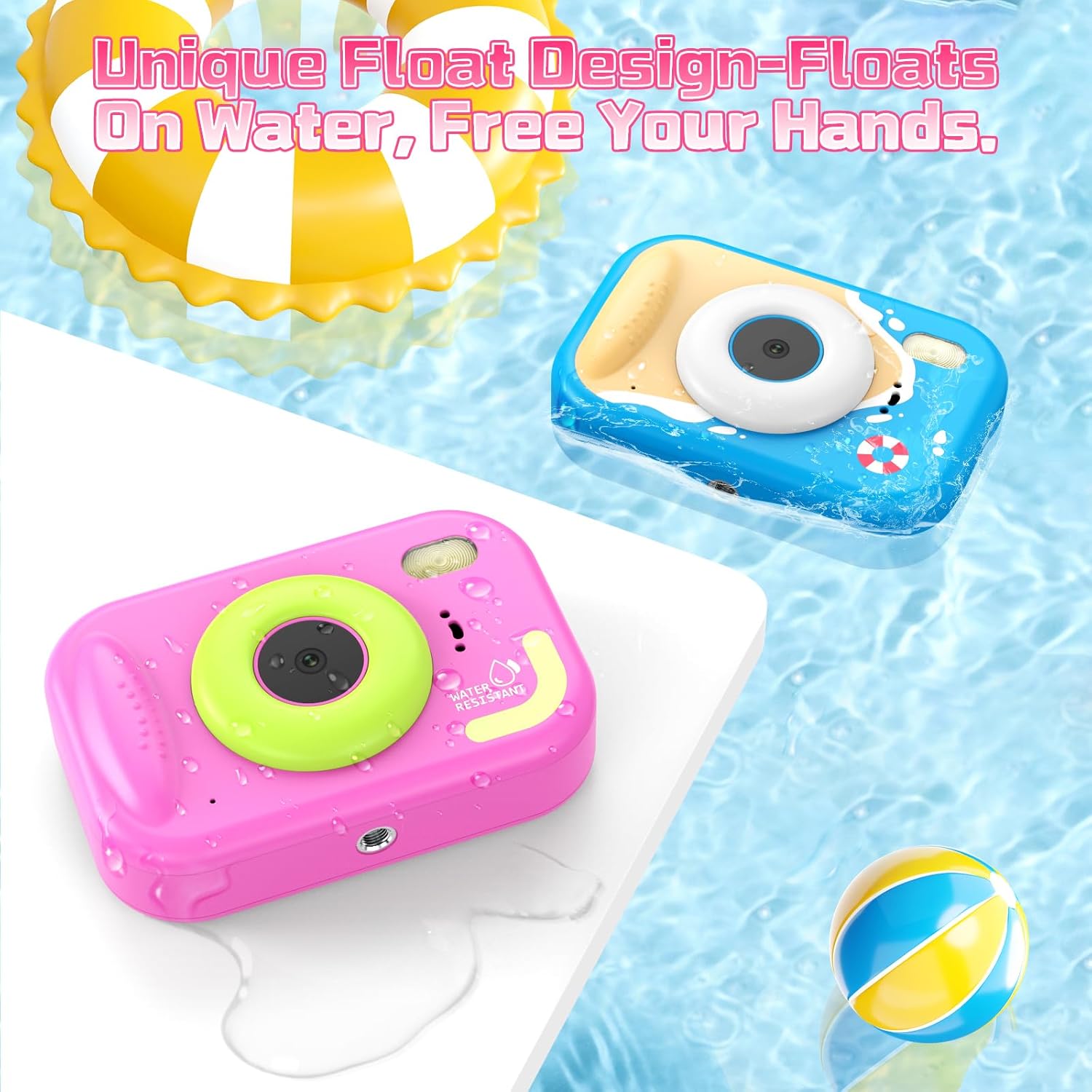 Kids Waterproof Camera, IP67 1080P Underwater Camera with 32GB Card, HD Video Camcorder, Toddler Camera with 2.4" Screen, Christmas Birthday Gifts Pool Toys for Kids 3-12, Pink