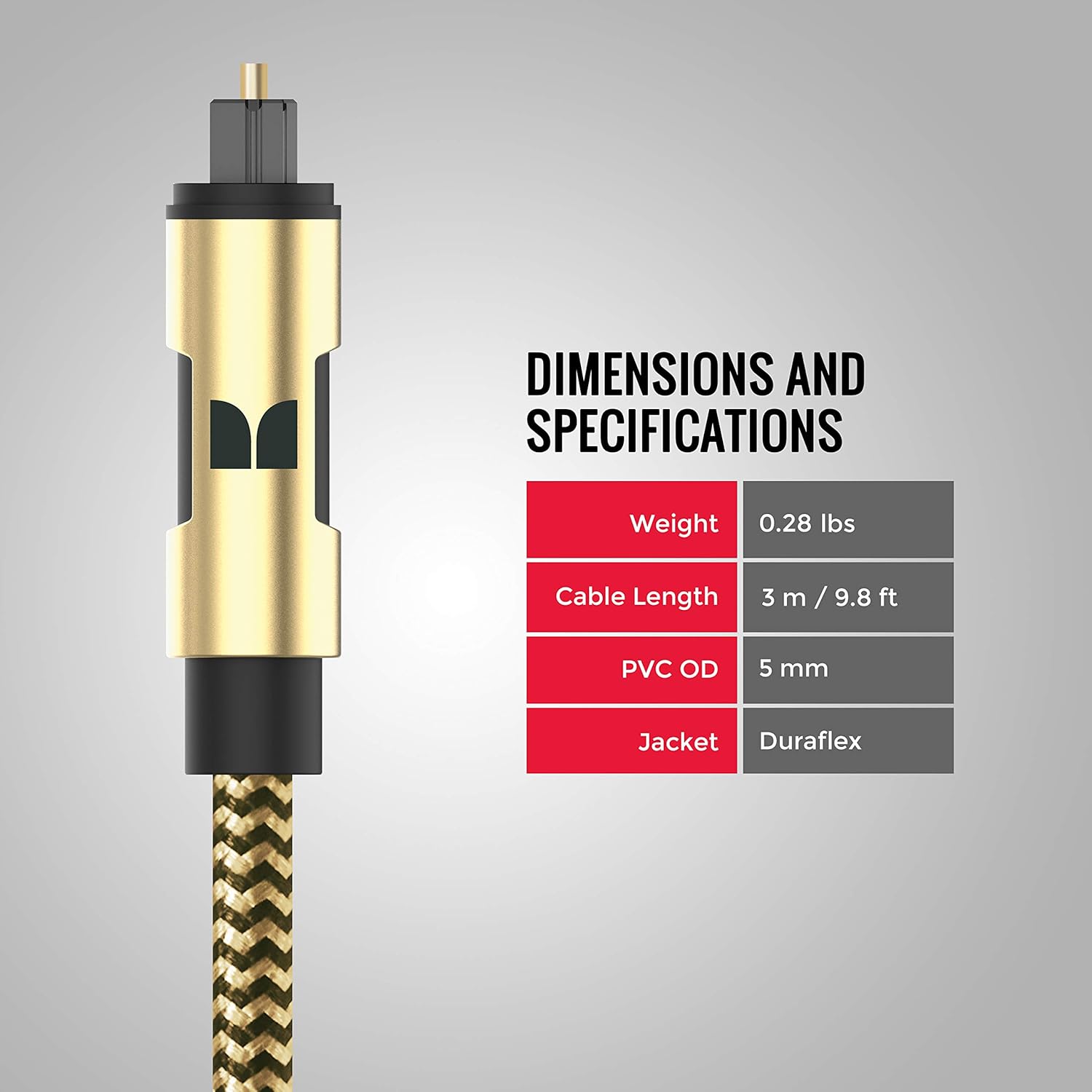 Monster Essentials Digital Optical Audio Cable - Gold Plated Tip with ABS Shell - Ideal to Use for Home Theaters, Online Streaming, PlayStation and Xbox Systems - 3 Meters