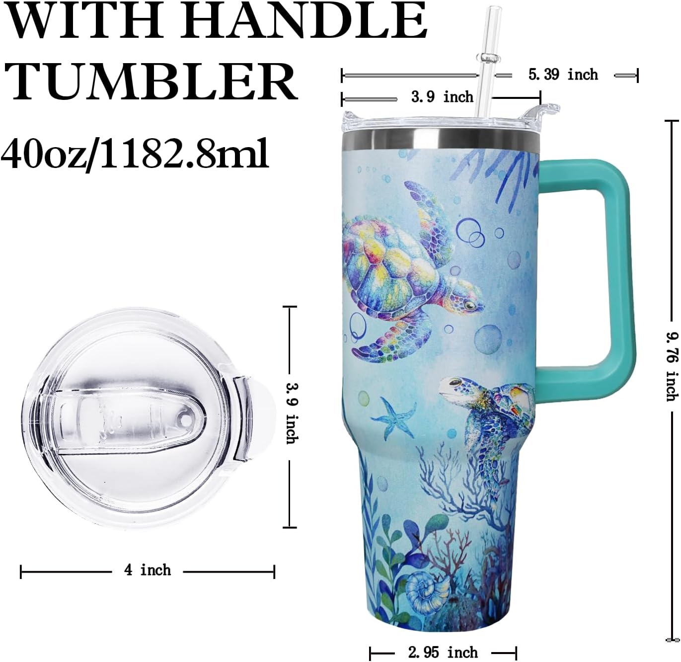 Ceovfoi 40 Oz Sea Turtle Tumbler with Handle Lid and Straw,Double Wall Vacuum Stainless Steel Watercolor Ocean Turtle Cup,Water Bottle,Travel Coffee Mug,Hawaiian Sea Turtle Decor,Accessories
