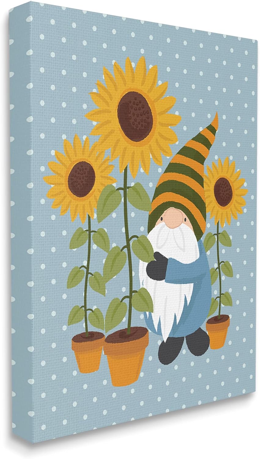 Stupell Industries Sunflower Garden Gnome Striped Hat Blue Polka Dots