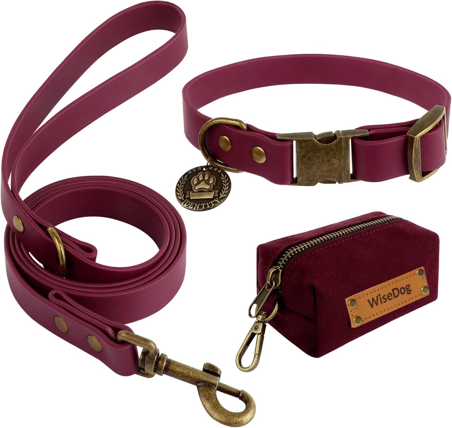 Wisedog Dog Collar and Leash Set Combo: Adjustable Durable Pet Collars with Dog Leashes for Small Medium Large Dogs,Includes One Bonus of Poop Bag Holder (S, Burgundy)