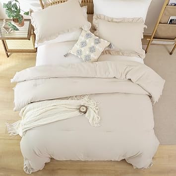 JANZAA Beige Comforter Set Queen, Ruffle Soft Bedding