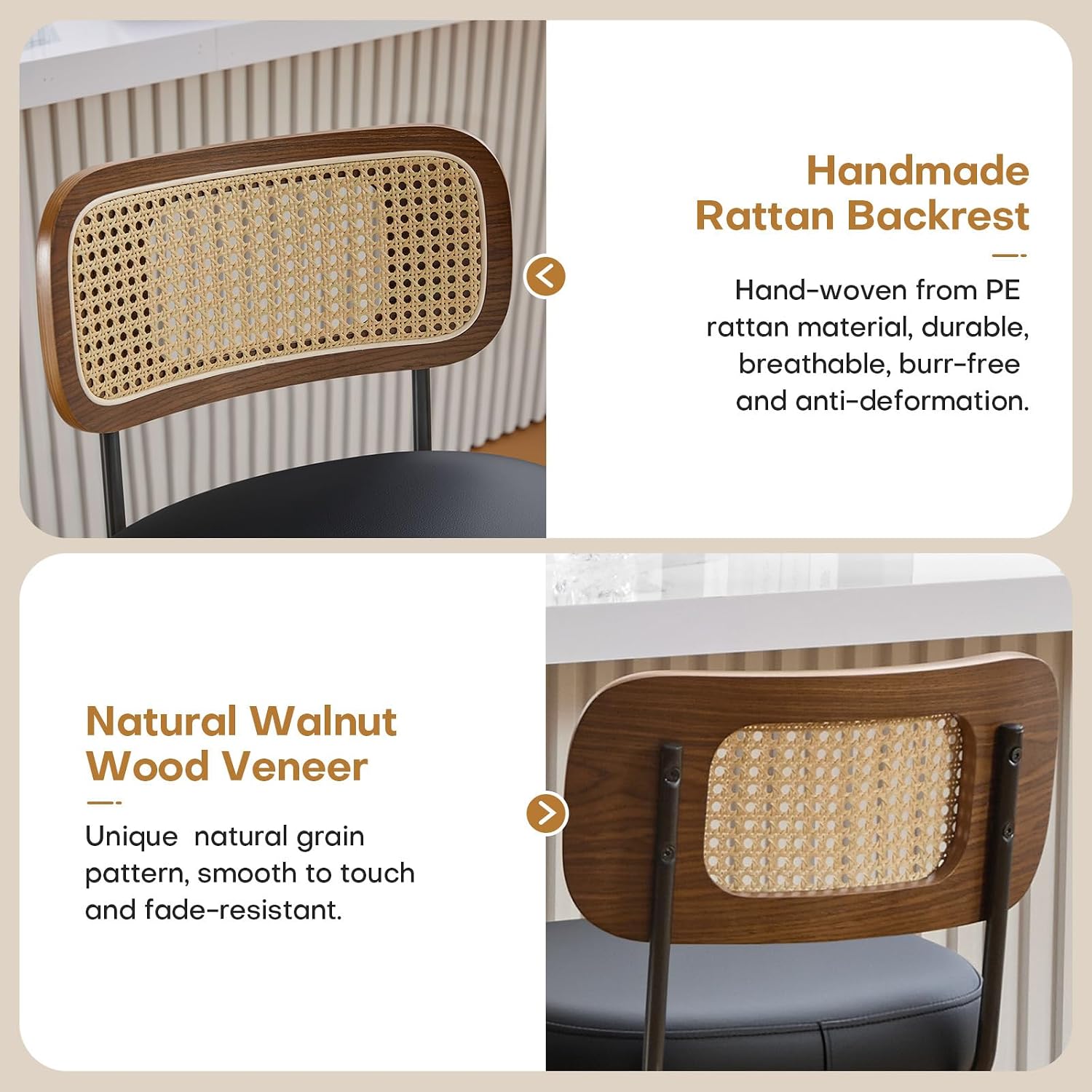 Swivel Bar Stools Set of 3, Adjustable Barstools from 25" to 33", Upholstered Faux Leather Bar Chairs with Rattan Backrest & Enlarged Base for Counter, Kitchen Island & Pub, Black
