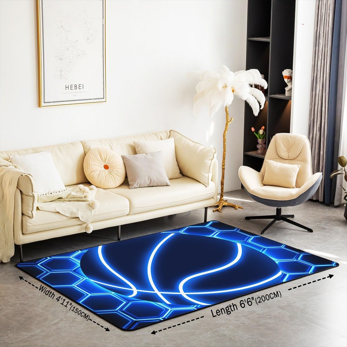 Castle Fairy Blue Basketball Area Rug 3'x5' Abstract Neon Light Honeycomb Grid Non Slip Rug for Kids Boys Teens Geometric Plaid Extreme Sports Style Indoor Floor Mat for Couch Bedroom