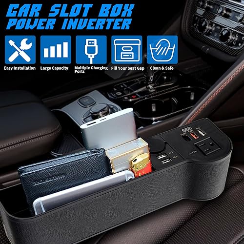 Miniatura 4 de Organizador de llenado de espacio para asiento de automóvil con inversor de corriente de protección múltiple de 12 V CC a 110 V CA, 4 USB de carga