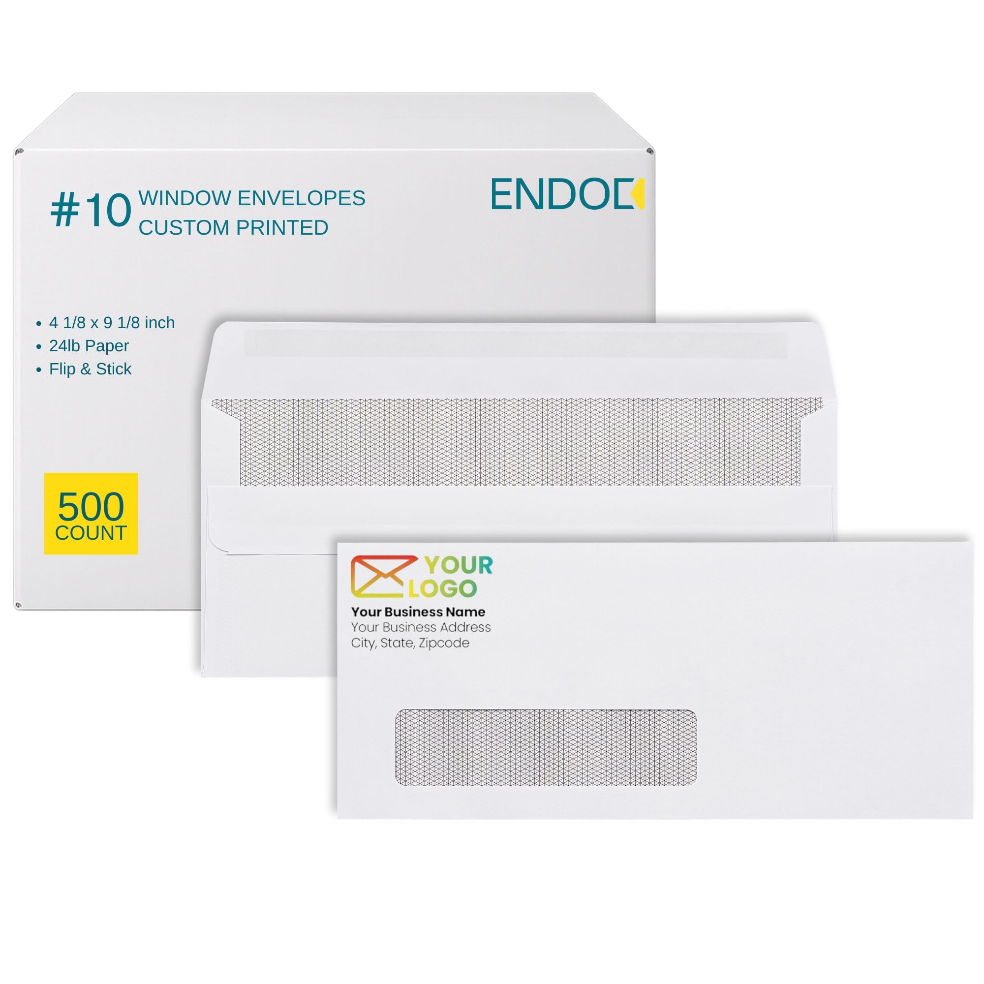 500 pack #10 Single Window Custom Printed Envelopes - Self Seal Security Envelopes, Flip and Stick Closure, Text and Logo Customization, White
