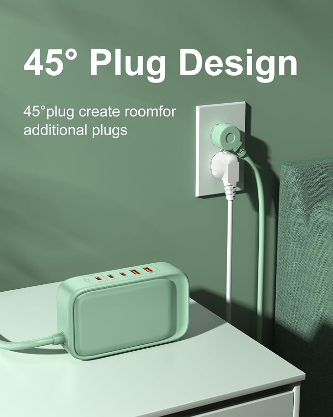 Estación de carga USB 5FT con tomas, regleta de alimentación con USB tipo C plana para viaje cargador PD 20W con 2500W tomas AC, 3 puertos USB-C, 2 puertos USB-A para casa/oficina/viaje miniatura 5