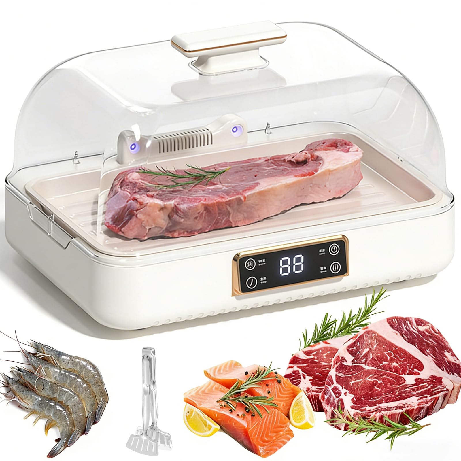 Vassoio per sbrinamento carne da 8 litri con calore circolante a 360°, controllo della temperatura a 3 livelli, scongelamento rapido 3D per carne, frutti di mare e verdure, cucina di casa