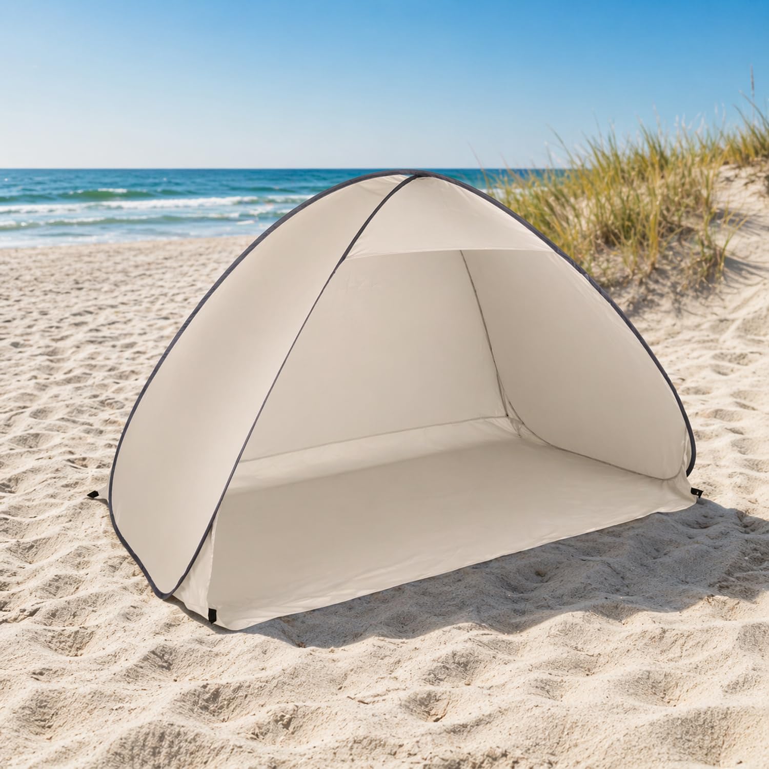 Mojawo XL Pop Up Automatik Wurfzelt Strandmuschel Sonnenschutz Camping Windschutz Outdoor Zelt mit Tasche Beige H110xB200xT125cm Sport & 