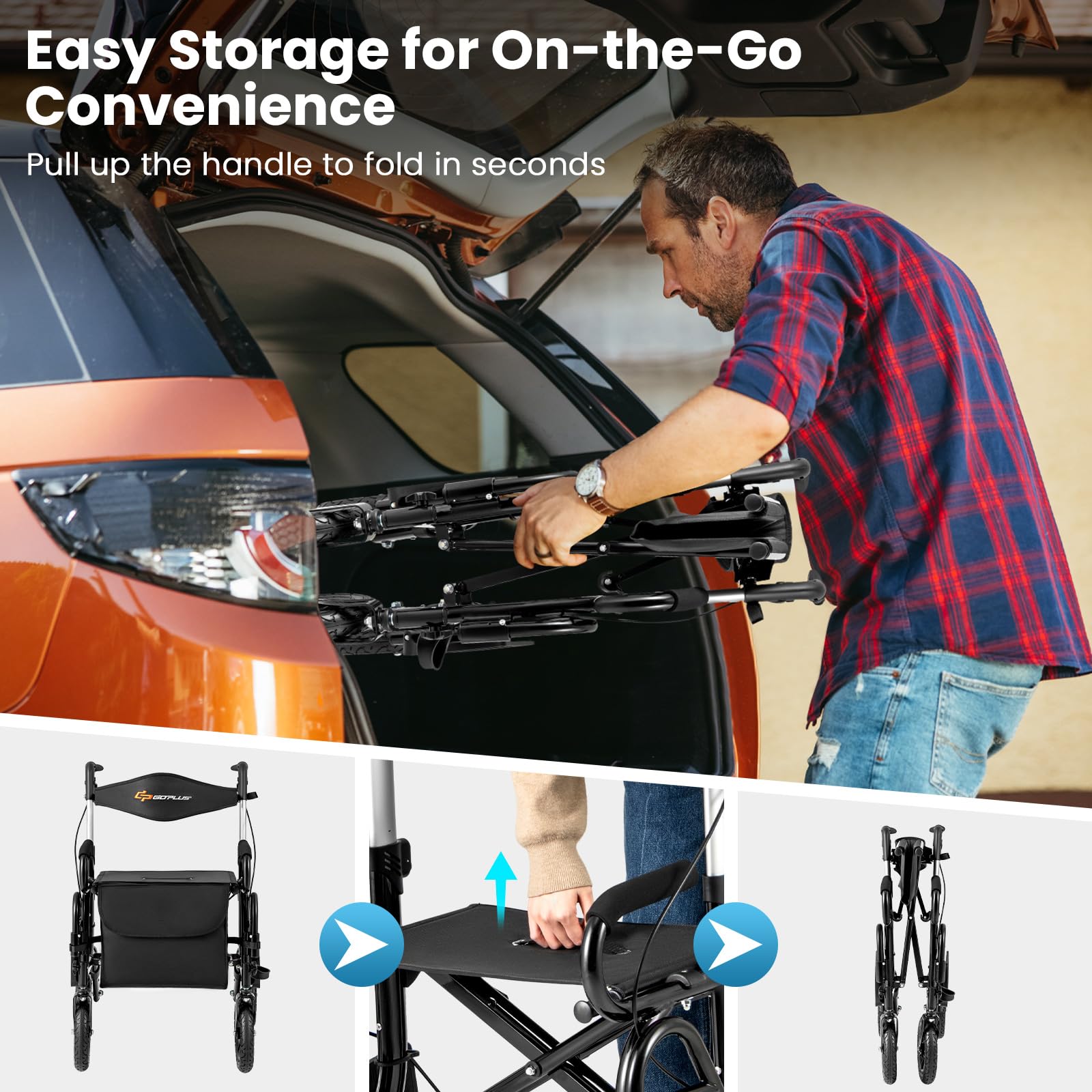 FANTASK 2 in 1 Rollstuhl & Reiserollator, Rollator faltbar & leicht mit Luftbereifung, Gehhilfe bis 140 kg, Rückenlehne mit Sitz 6-fach höhenverstellbar, Gehwagen mit Tasche & Stockhalter (Schwarz)