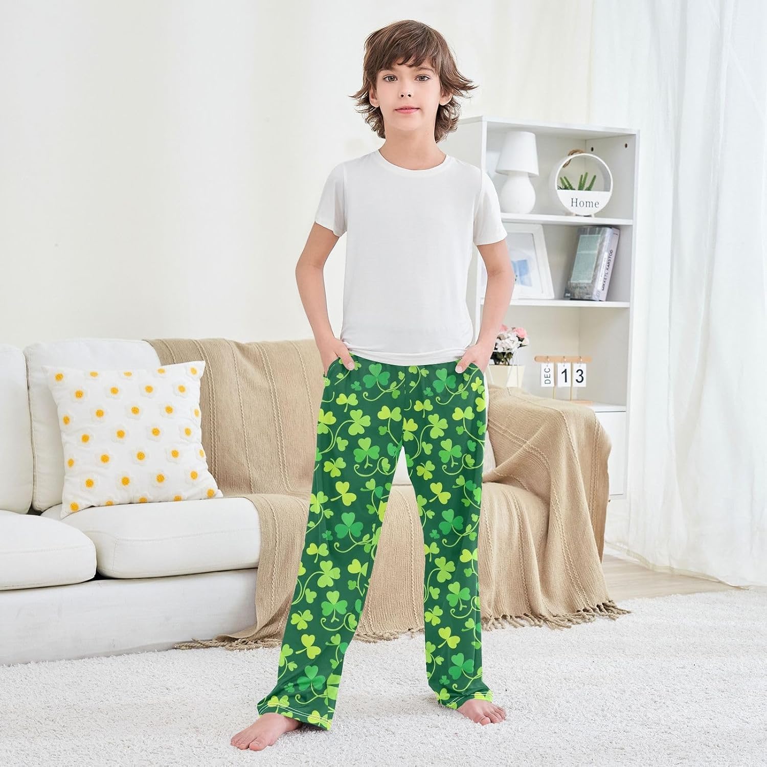 Green Shamrock Pajama Pants Soft Modal Loungewear Sleepwear with Pockets, Elastic Waist