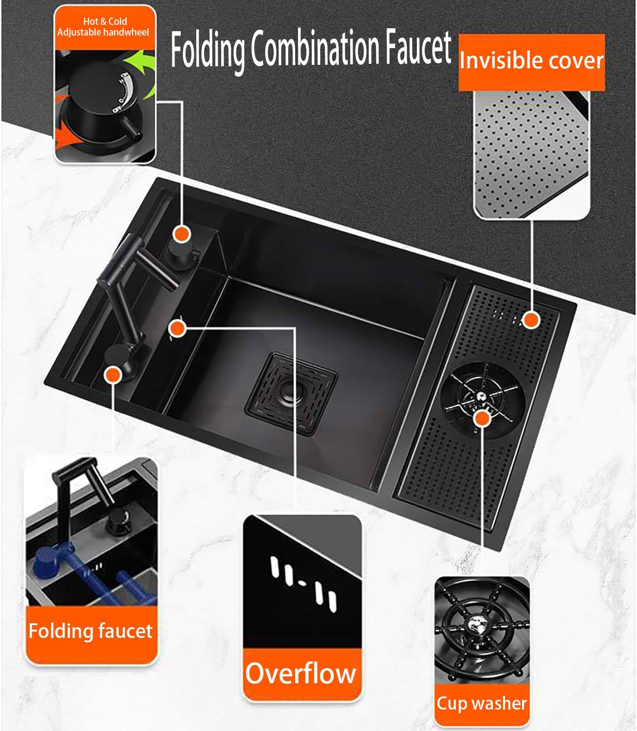 Hidden RV Bar Kitchen Sink Outdoor Single Bowl Stainless Steel Workstation Sinks with Foldable Faucet Undermount/Topmount Small Single Bowl Sink with Rinser,Cover,700 * 400 * 220mm