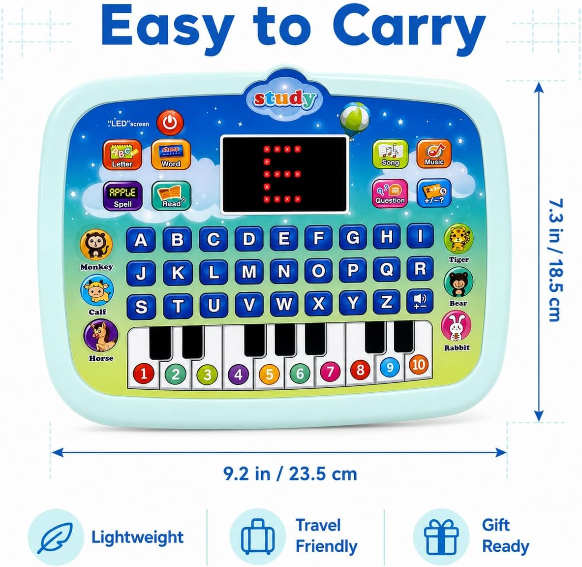 Toddler Learning Tablet for 1 2 3 Year Old, ABC Spelling & Speech Learning Toy with Piano Keys, Music Educational Toy, Portable Travel Gift for Boys Girls, Blue